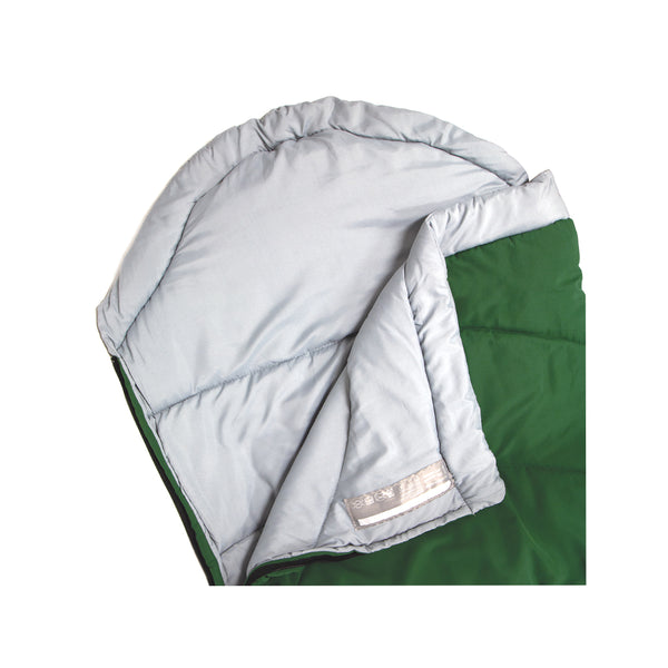 Green | Oztrail Junior Kingsford Sleeping Bag 0 Deg Image Showing Close Up Of The Hood, Zipper Open.