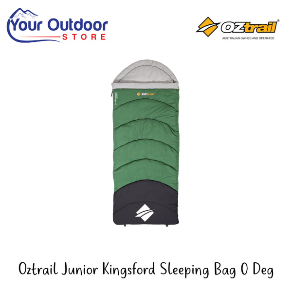 Oztrail Junior Kingsford Sleeping Bag 0 Deg | Hero Image Showing All Logos And Titles.
