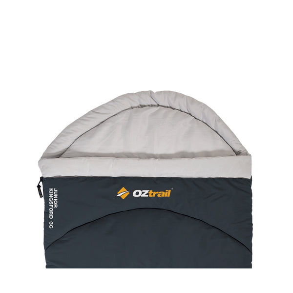 Blue | Oztail Junior Kingsford Sleeping Bag -3 Deg Image Showing Close Up View Of The Hood, Zipper Closed.