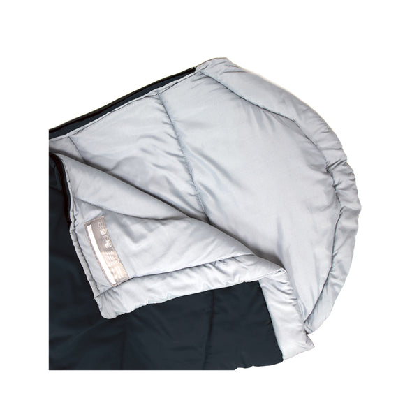 Blue | Oztrail Junior Kingsford Sleeping Bag -3 Deg Image Showing Close Up View Of The Hood, Zipper Open.