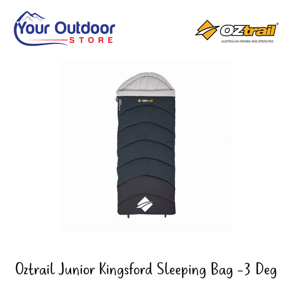 Oztrail Junior Kingsford Sleeping Bag -3 Deg | Hero Image Showing All Logos And Titles.