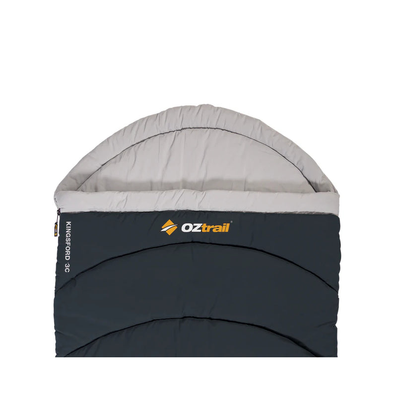 Blue | Oztrail Kingsford Sleeping Bag -3 Deg Image Showing Close Up View Of The Hood, Zipper Closed.