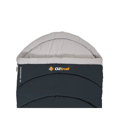 Blue | Oztrail Kingsford Sleeping Bag -3 Deg Image Showing Close Up View Of The Hood, Zipper Closed.