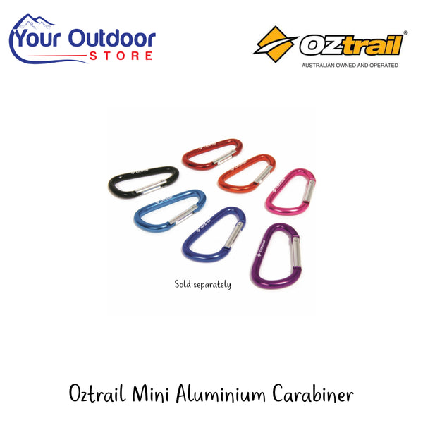 Oztrail Mini Aluminium Carabiner | Hero Image Showing All Logos And Titles.
