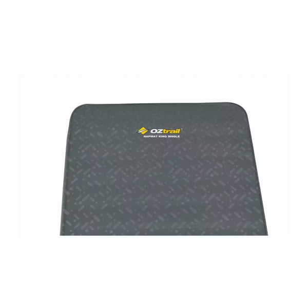 Grey | Oztrail Nampmat Single Self Inflating Mat  Image Showing Top View, Close Up Of The Oztrail Logo.