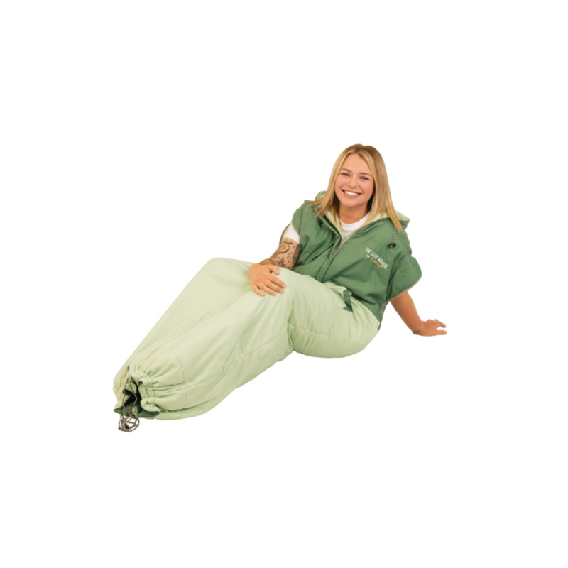 S/M Green | Oztrail Sleep Walker Sleeping Bag Image Showing Model In a Sitting Position With The Bottom Of The Sleep Walker Sleeping Bag Closed.