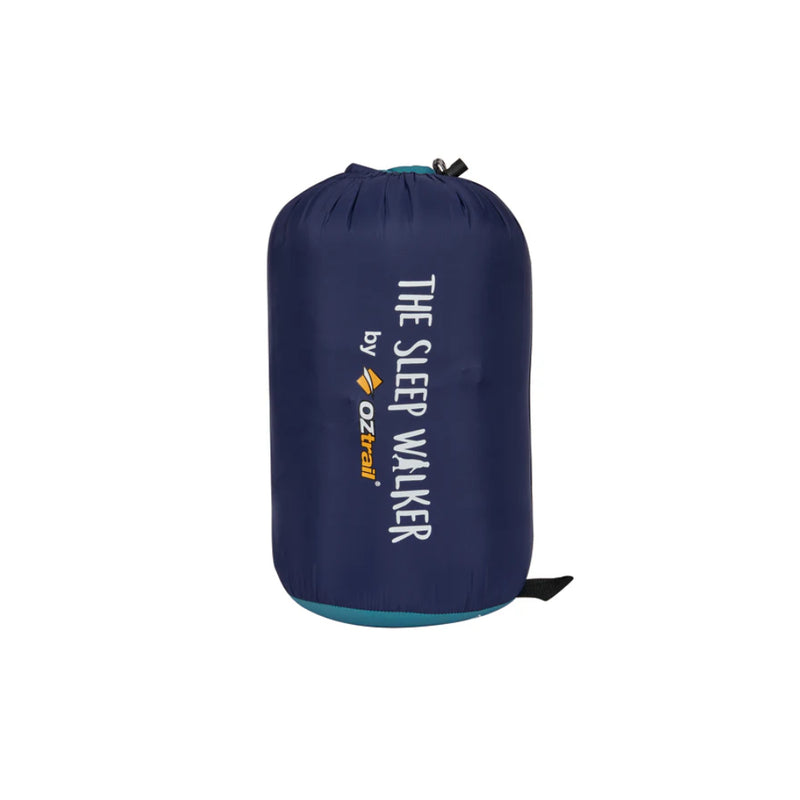L/XL Blue | Oztrail Sleep Walker Sleeping Bag Image Showing Full View Of The Compression Sack.