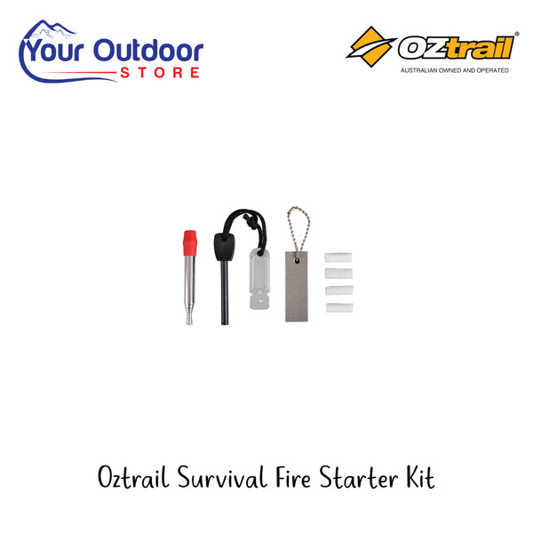 Oztrail Survival Fire Starter Kit | Hero Image Showing All Logos And Titles.