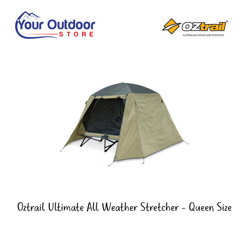 Oztrail Ultimate All Weather Stretcher - Queen Size. Hero Image Showing Logos and Title. 
