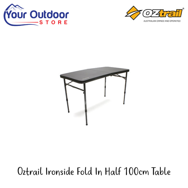 Oztrail ironside Fold In Half 100cm Table | Hero Image Showing All Logos And Titles.