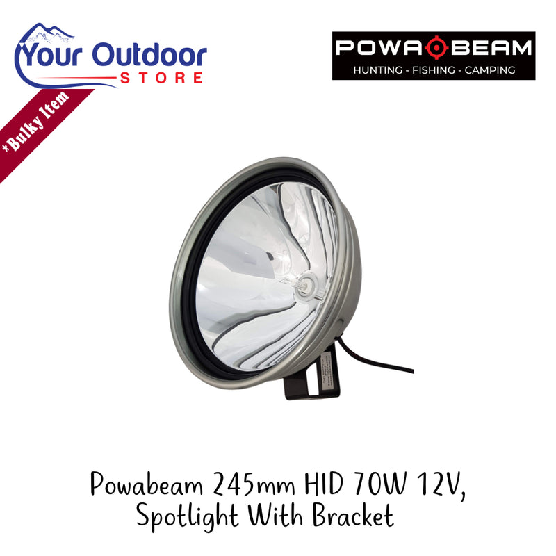 Powabeam 245mm HID 70W 12V Spotlight With Bracket | Hero Image Showing All Logos And Titles.