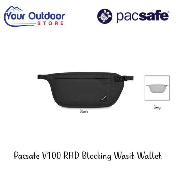 Pacsafe V100 RFID Blocking Waist Wallet |  Hero Image Showing All Logos, Titles And Variants.