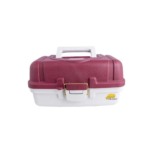 Maroon/White | Plano Saltwater Fishing Tackle Box Image Showing Front View Tackle Box Lid Closed And Latched.