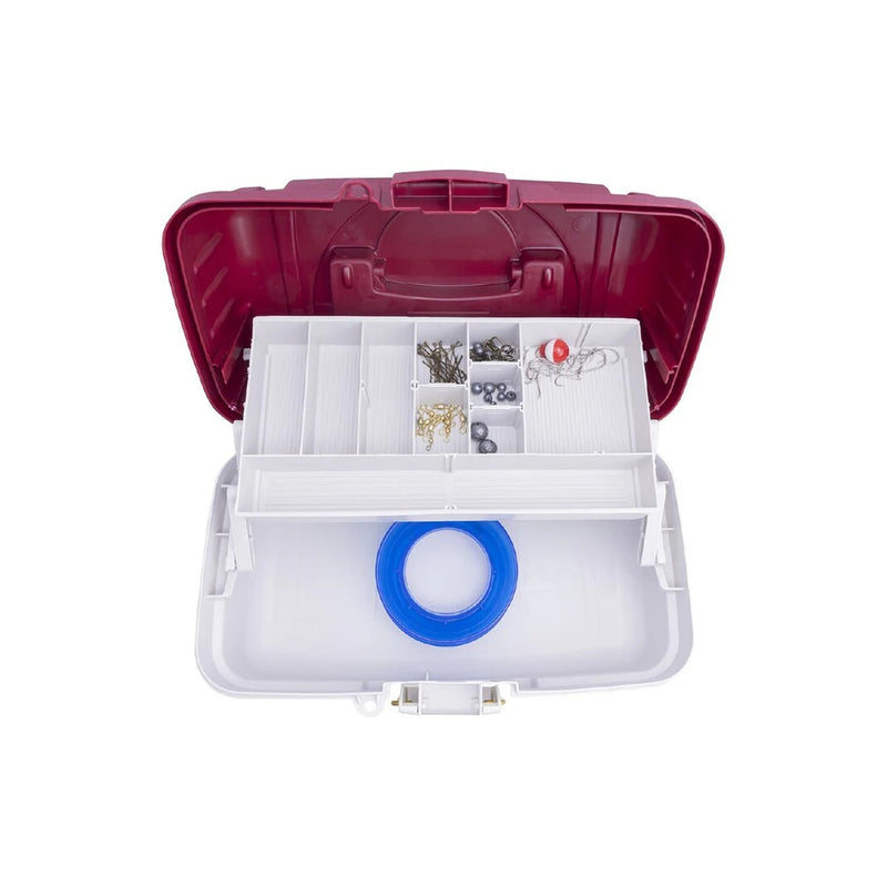 Maroon/White | Plano Saltwater Fishing Tackle Kit 125pc Image Showing Top View, Tackle Box Open.