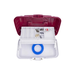Maroon/White | Plano Saltwater Fishing Tackle Kit 125pc Image Showing Top View, Tackle Box Open.
