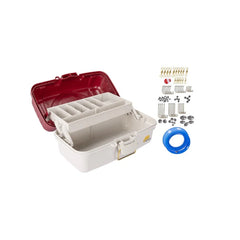 Maroon/White | Planno Saltwater Fishing Tackle Kit 125pc Image Showing Angled View Of Box Open And All Inclusions Next To The Tackle Box.