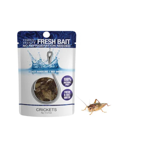 Crickets | Fishing Frenzy Fresh Bait Image Showing Packet With A Cricket Next To It.