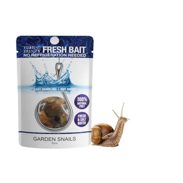 Garden Snails | Fishing Frenzy Fresh Bait Image Showing Packet With A Garden Snail Next to It.
