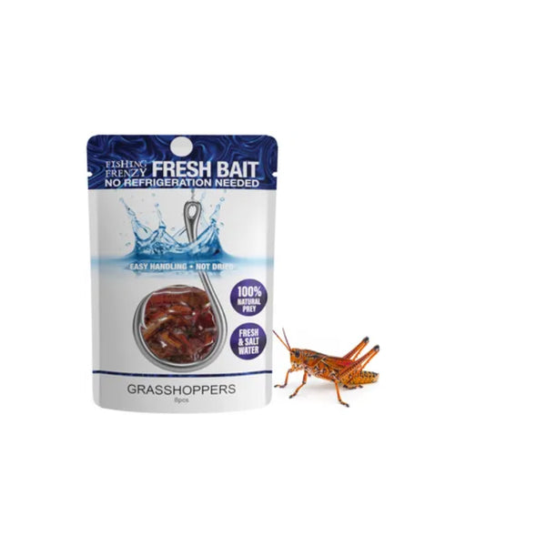 Grasshoppers | Fishing Frenzy Fresh Bait Image Showing Packet With A Grasshopper Next to it.