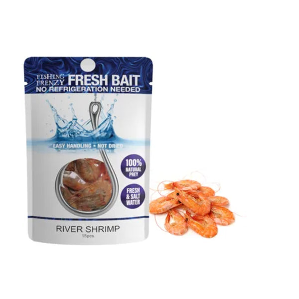 River Shrimp | Fishing Frenzy Fresh Bait Image Showing Packet With Shrimp Next To It.
