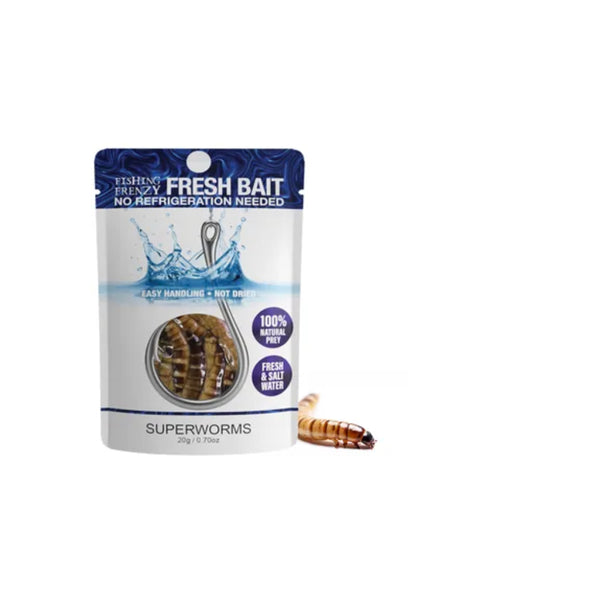 Super Worms | Fishing Frenzy Fresh Bait Image Showing Packet With Super Worm Next To It.