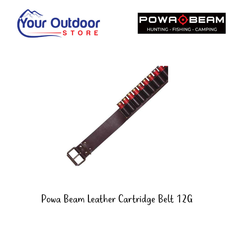 Powa Beam Leather Cartridge Belt 12g. Hero Image Showing Logos and Title. 