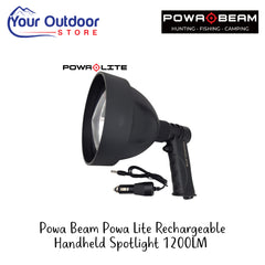 Pow Beam Powa Lite Rechargeable Handheld Spotlight 1200LM | Hero Image Showing All Logos And Titles.