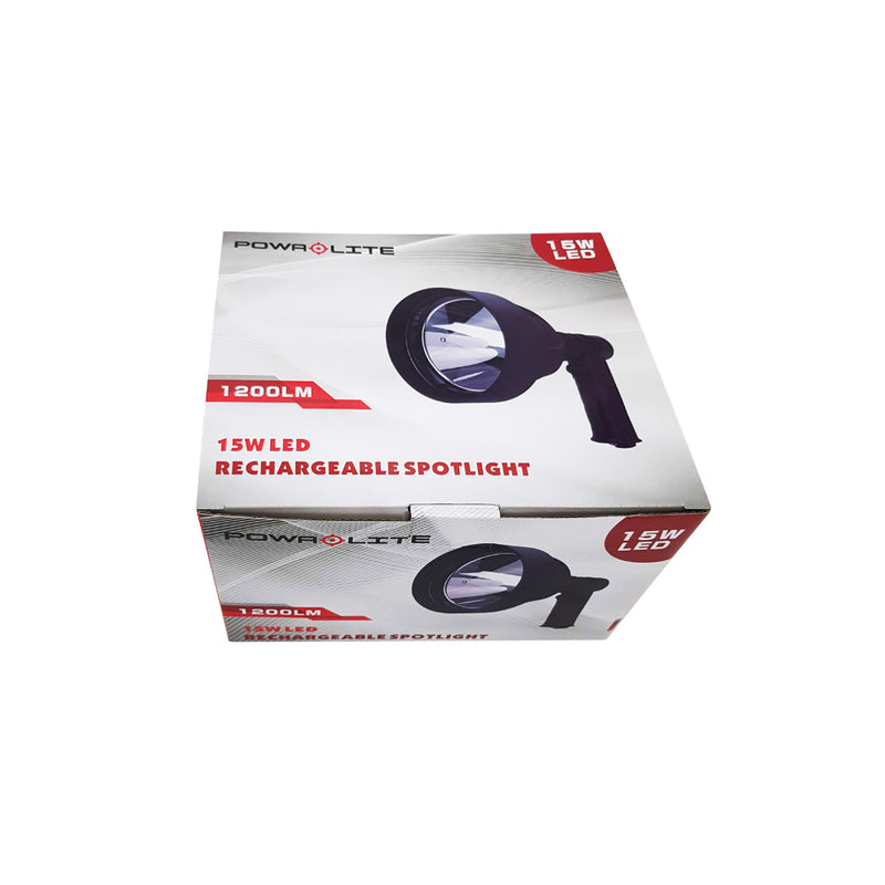 Black | Pow Beam Powa Lite Rechargeable Handheld Spotlight 1200LM Image Showing Packaging.