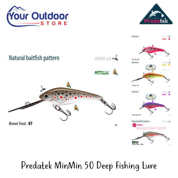 Predatek Min<in 50 Deep Fishing Lure | Hero Image Showing All Logos , Titles And Variants.