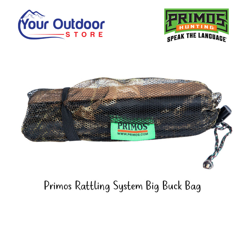 Primos Rattling System Big Buck Bag | Hero Image Showing All Logos And Titles.