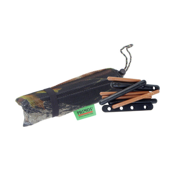 Brown | Primos Rattling System Big Buck Bag Image Showing Sticks Out Of Bag, With Flexible Net Bag In View.