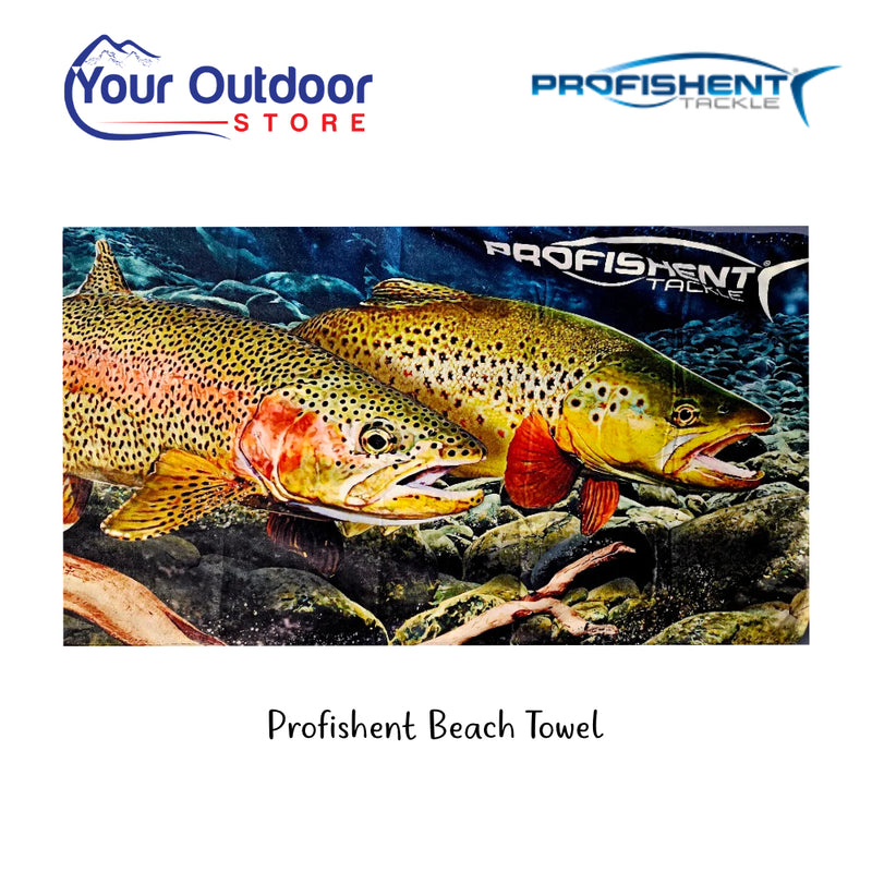 Profishent Beach Towel - Trout. Hero Image Showing Logos and Title. 