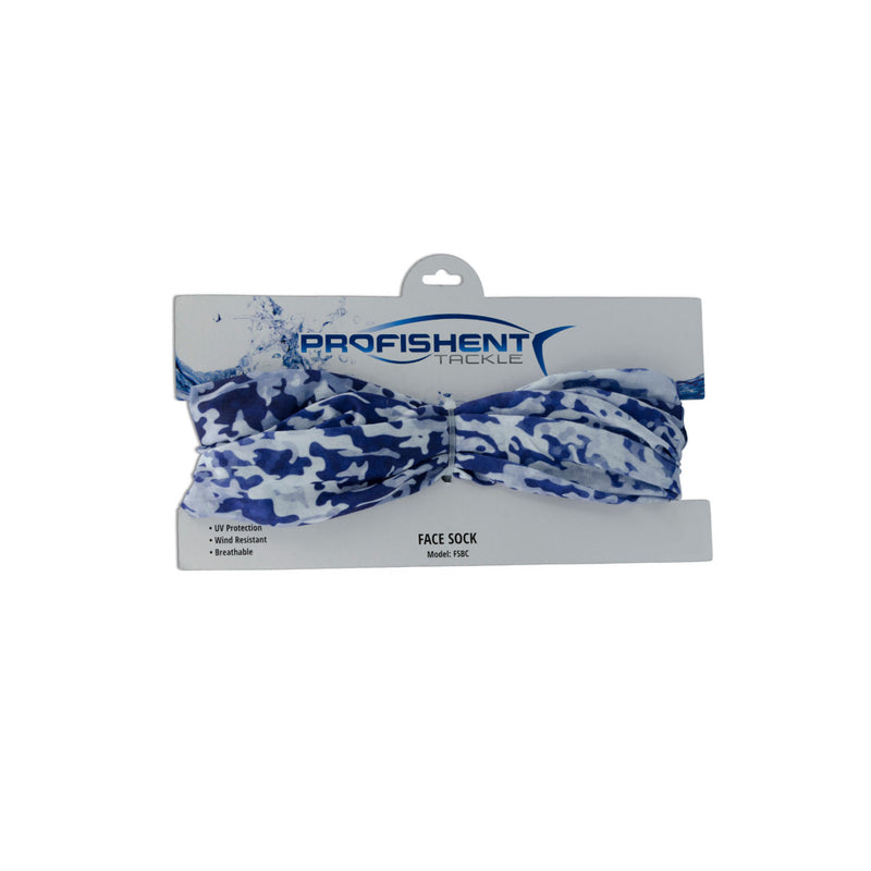 Blue Camo | Profishent Face Sock Shown With Packaging. 