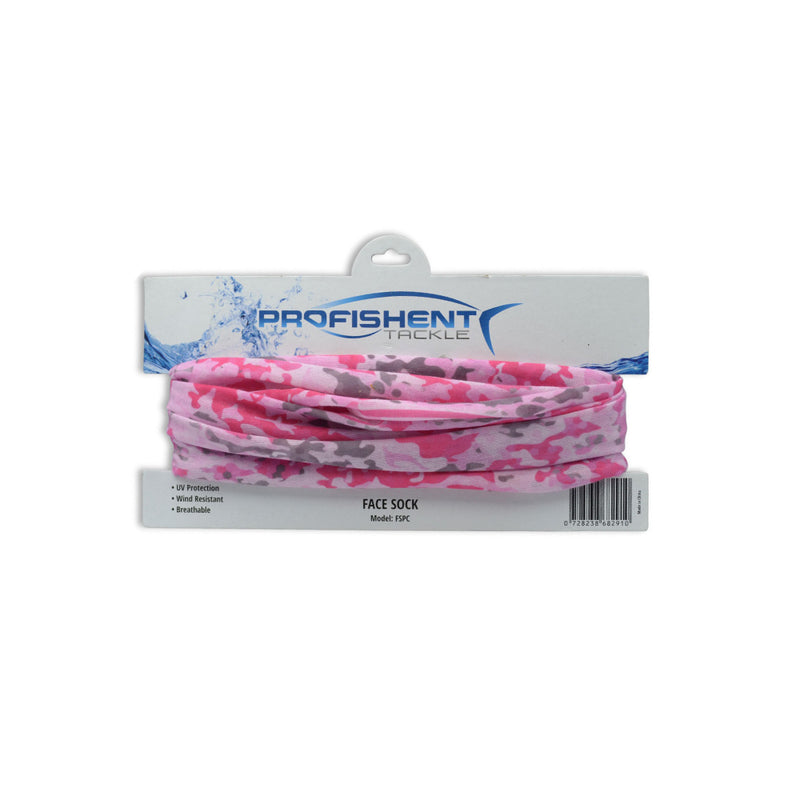 Pink Camo | Profishent Face Sock Shown With Packaging. 