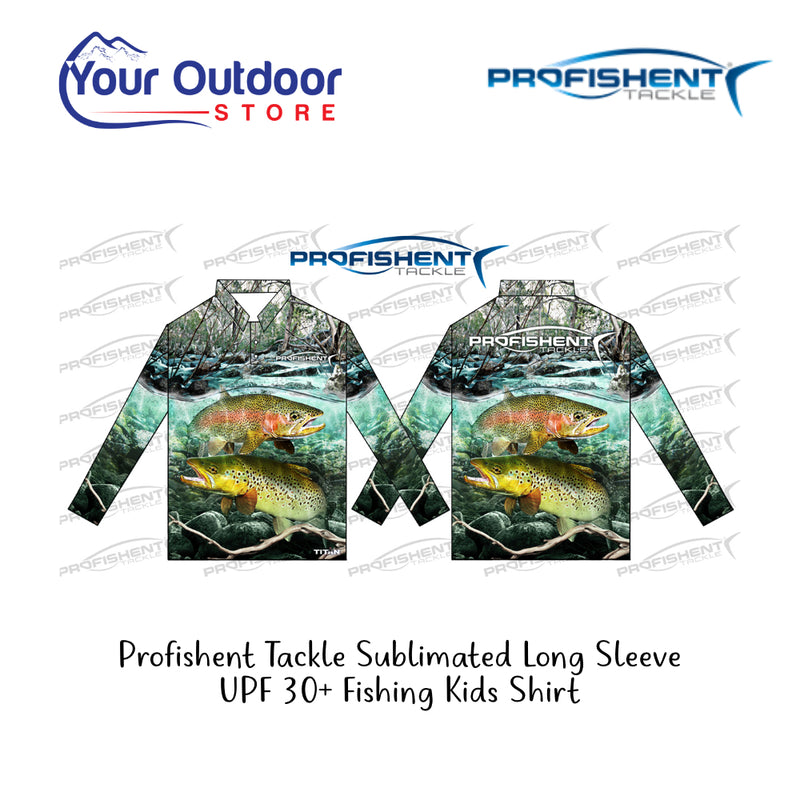 Profishent Sublimated Long Sleeve UPF 30+ Fishing Kids Shirt. Hero Image Showing Logos and Title.