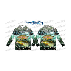 Trout | Profishent Sublimated Long Sleeve UPF 30+ Fishing Kids Shirt. Front and Back Images. 