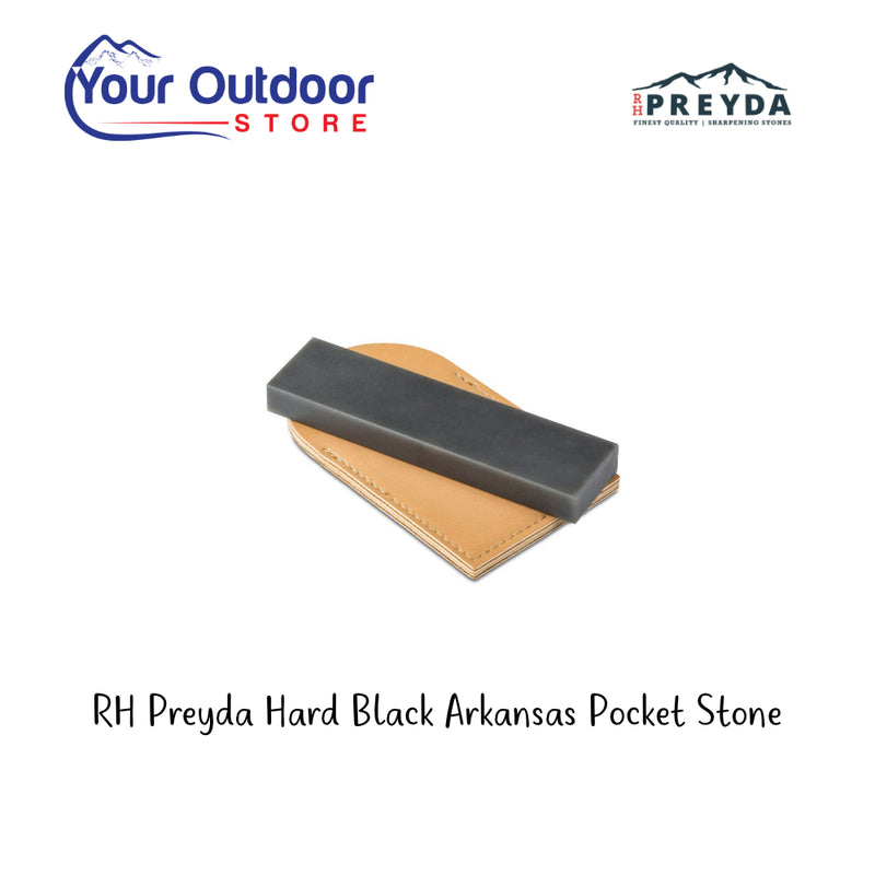 RH Preyda Hard Black Arkansas Pocket Stone. Hero Image Showing Logos and Title. 