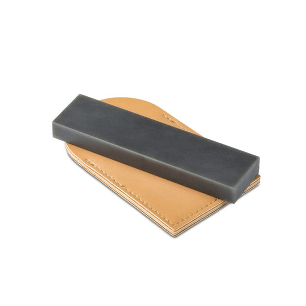 Black | RH Preyda Hard Black Arkansas Pocket Stone - Shown With Leather Pouch.