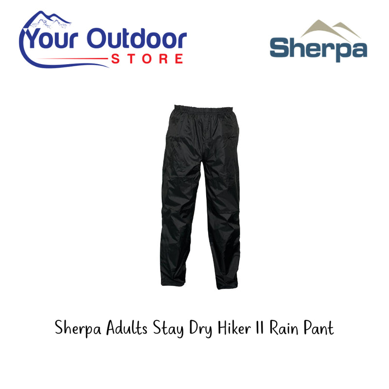Sherpa Adults Stay Dry Hiker II Rain Pants. Hero Image Showing Logos and Title. 