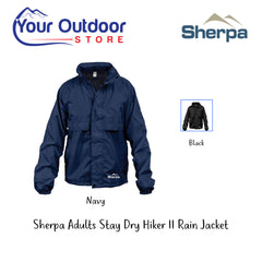 Sherpa Adults Stay Dry Hiker II Rain Jacket. Hero Image Showing Variants, Logos and Title.