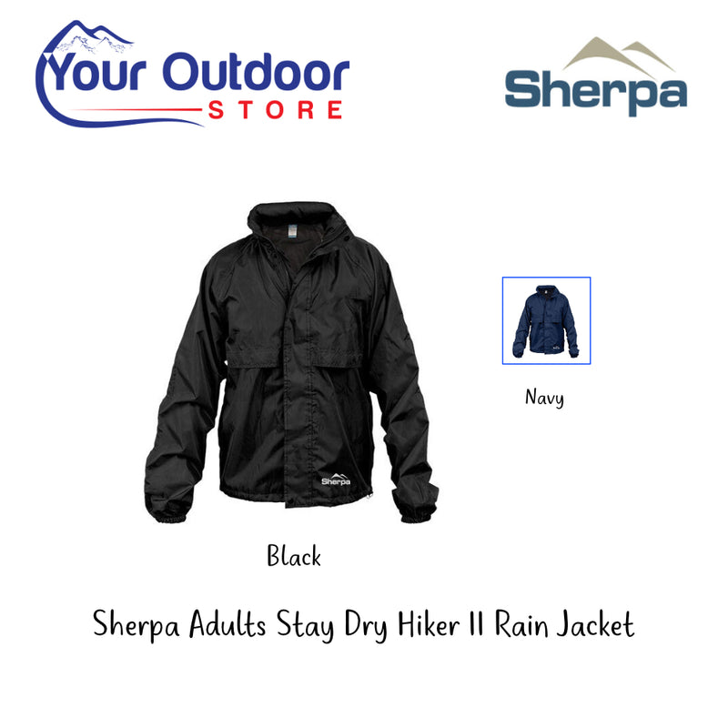 Black and Navy |Sherpa Adults Stay Dry Hiker II Rain Jacket. Hero Image Showing Variants, Logos and Title.