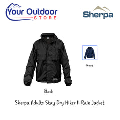 Black and Navy |Sherpa Adults Stay Dry Hiker II Rain Jacket. Hero Image Showing Variants, Logos and Title.