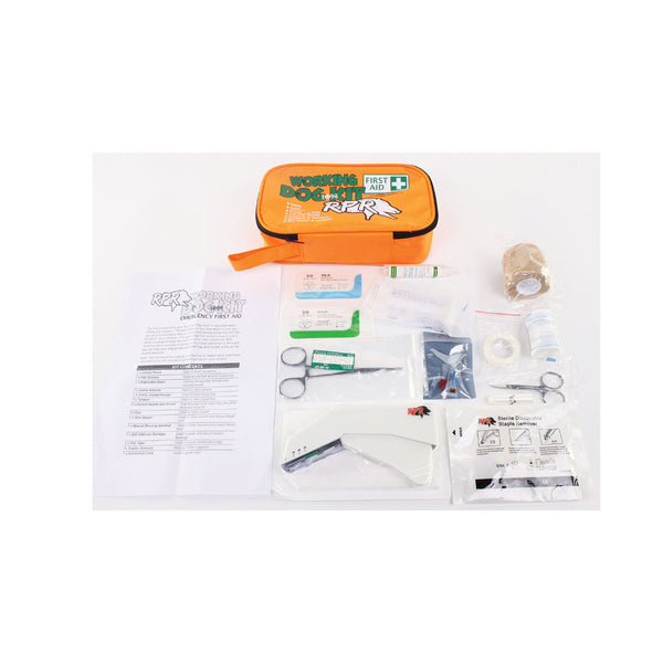 RPR Working Dog First Aid Kit | Image Showing Top View Of All Inclusions And Case, Case Closed.
