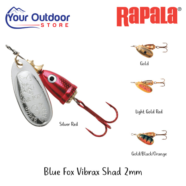 Rapala Blue Fox Vibrax Shad 2mm | Hero Image Showing All Logos, Titles And Variants.