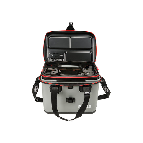 Grey / Black | Rapala Hydro Premium Tackle Bag Image Showing Front View, Lid Up.