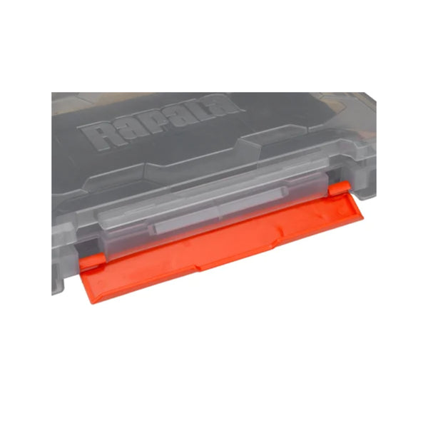 3600 / Smoke Grey | Rapala Rapstack Open Foam Tackle Box Image Showing Close Up View Of The Quick Latch.