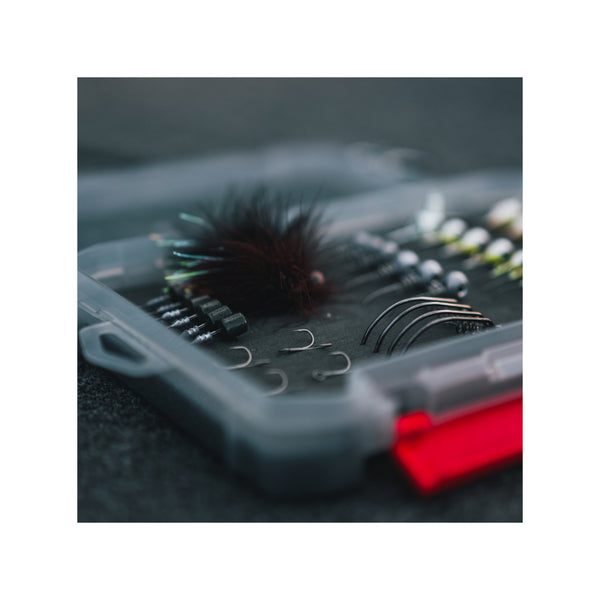 3600 / Smoke Grey | Rapala Rapstack Open Foam Tackle Box Image Showing Close Up View Of The Foam With Fly's And Hooks.