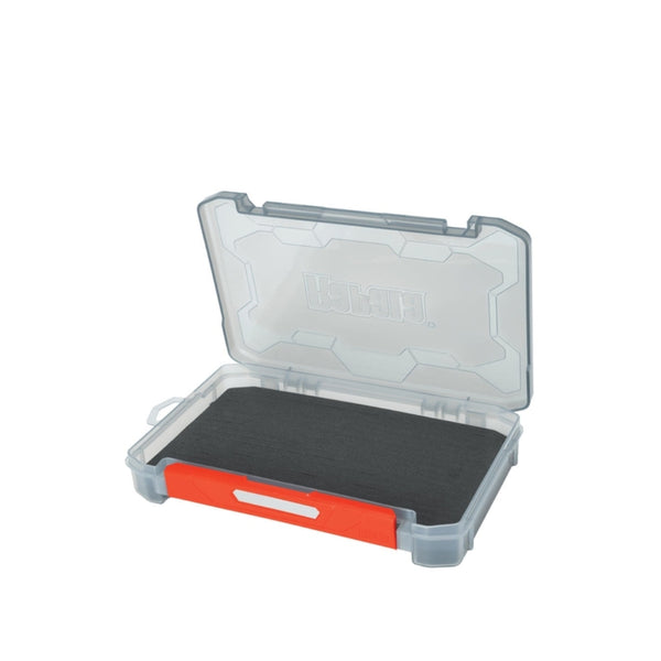 3600 / Smoke Grey | Rapala Rapstack Open Foam Tackle Box Image Showing Angled Front View, With Lid Open.