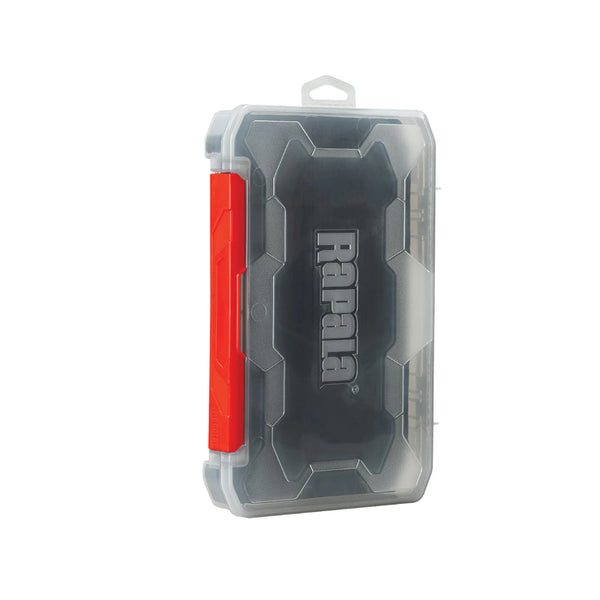 3600 / Smoke Grey | Rapala Rapstack Open Foam Tackle Box Image Showing View Of The Tackle Box Standing Up Right.