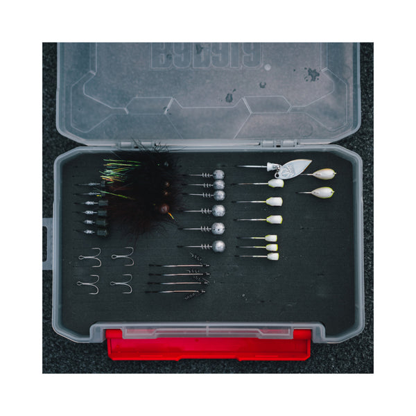 3600 / Smoke Grey Rapstack Open Foam Tackle Box Image Showing Top View Of The Foam Inner With Fl's And Hooks Being Stored In Side, Lid Open.